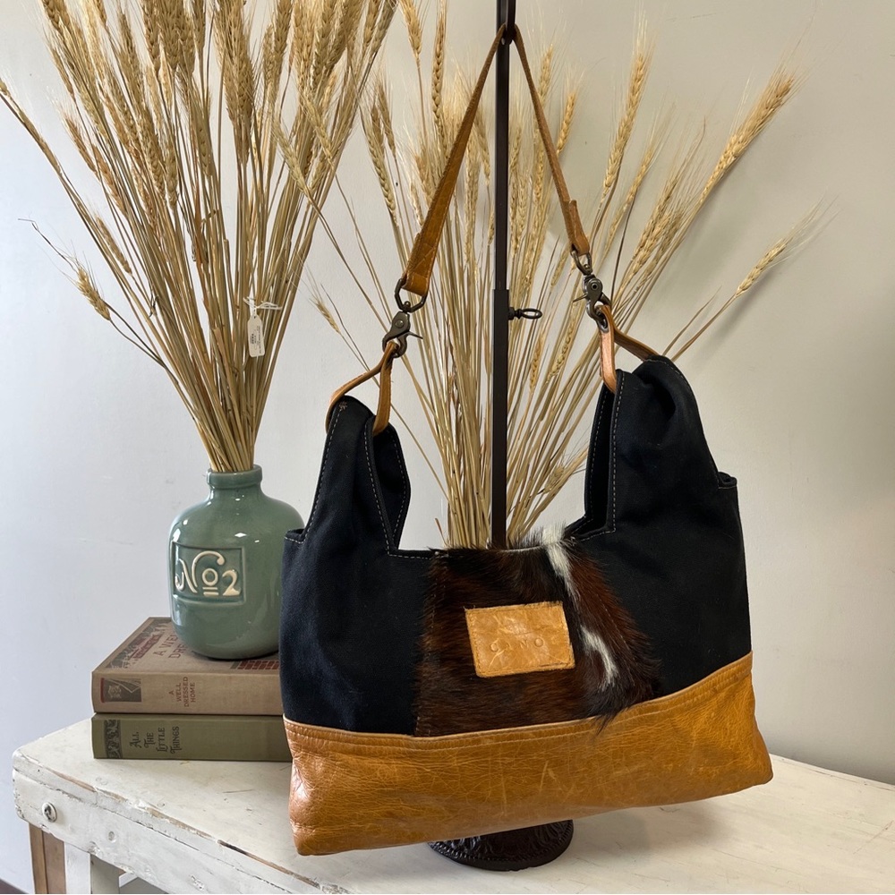 Canoe Brand Womens Black Canvas Leather and Hide Shoulder Bag Purse